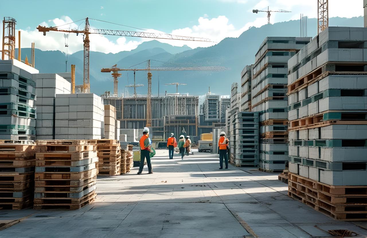 Logistikteam mit Beton- und Ziegelpaletten auf einer Zürcher Baustelle bei Tageslicht