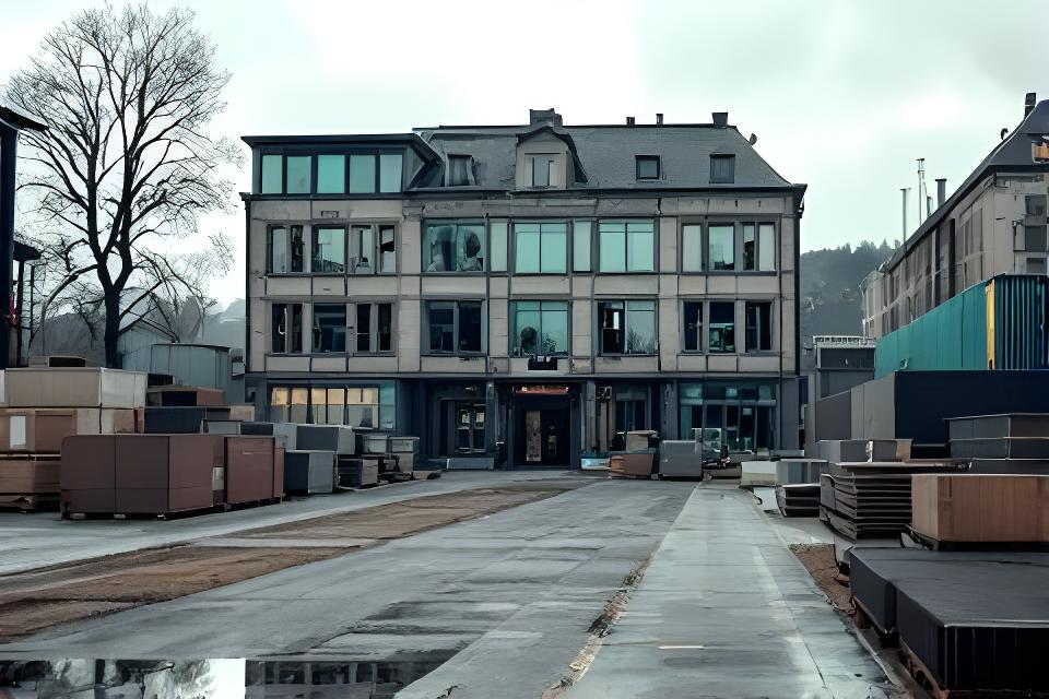 Historischer Firmensitz von Nüssli Baumaterialhersteller AG am Eggweg in Zürich mit Materiallager und klaren Linien