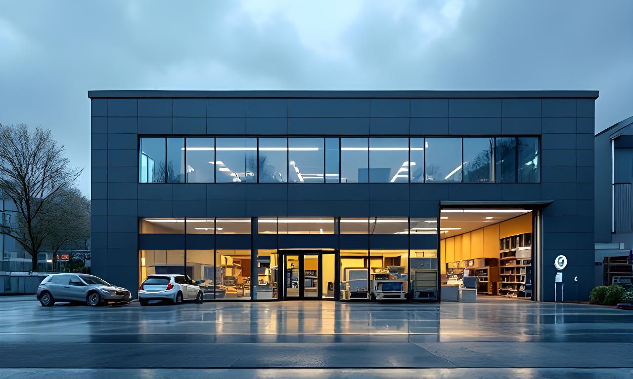 Firmengebäude mit hellem Eingang und Materiallager in Zürich-Wollishofen